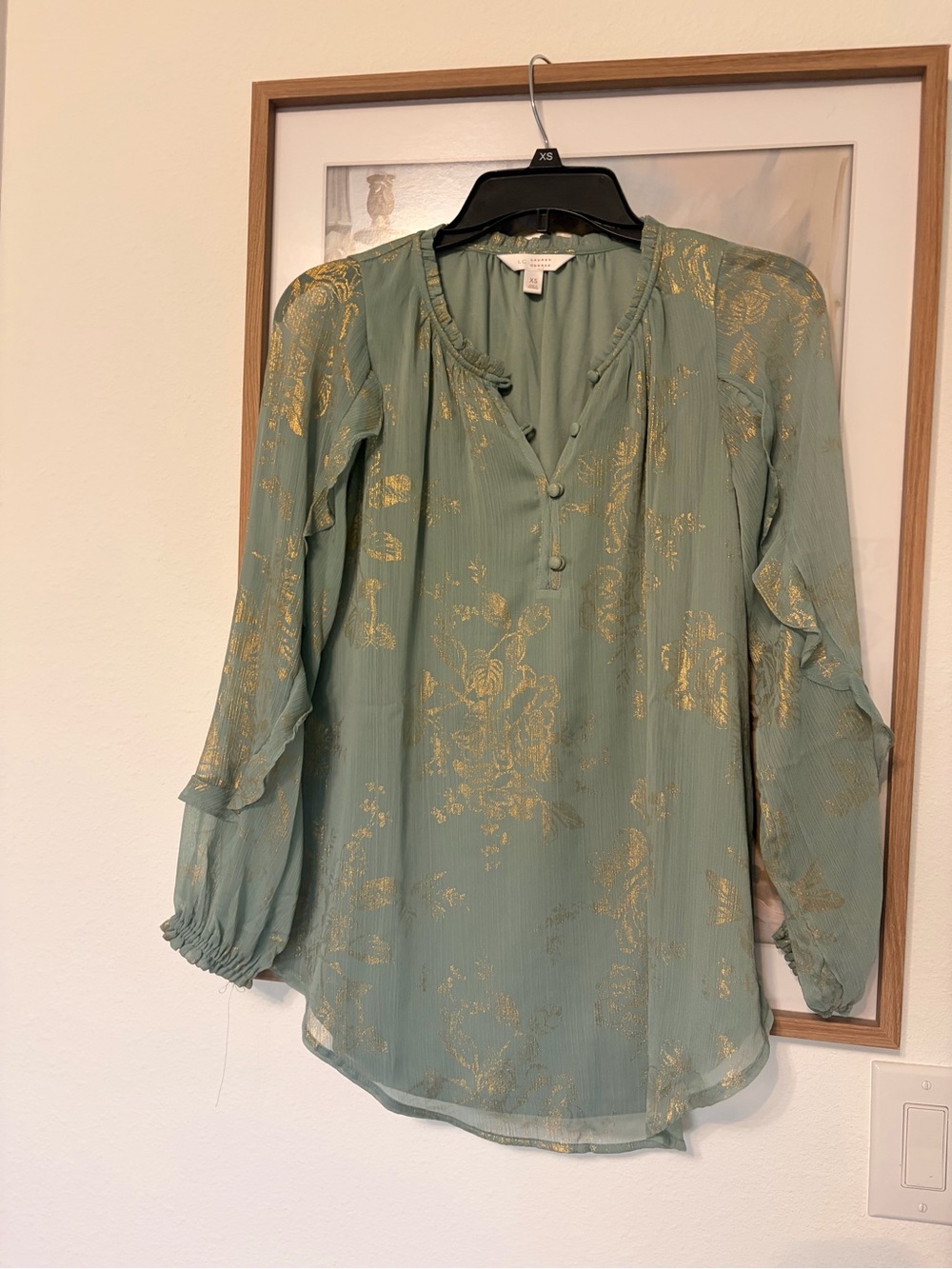 LC Lauren Conrad Sage Green Blouse with Gold Floral XS